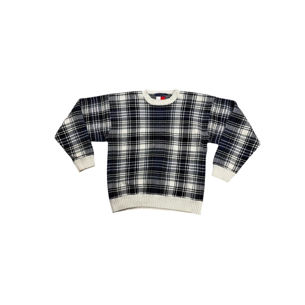 Tommy Hilfiger Vintage Mens XL Plaid Knit Sweater Navy Blue White Cotton Crew